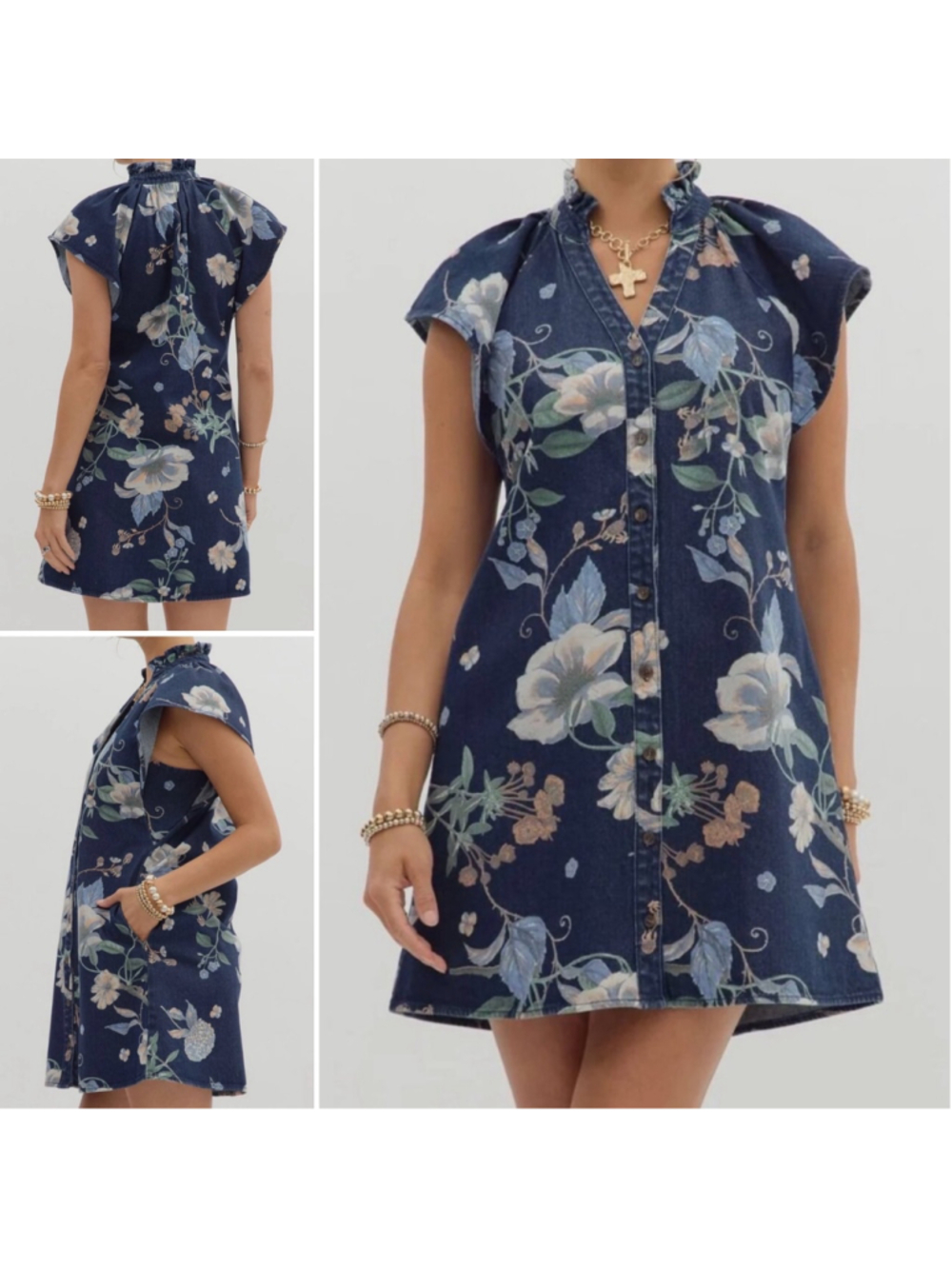 Women's NWT Entro Denim Floral Midi Dress Size M Pastel Floral